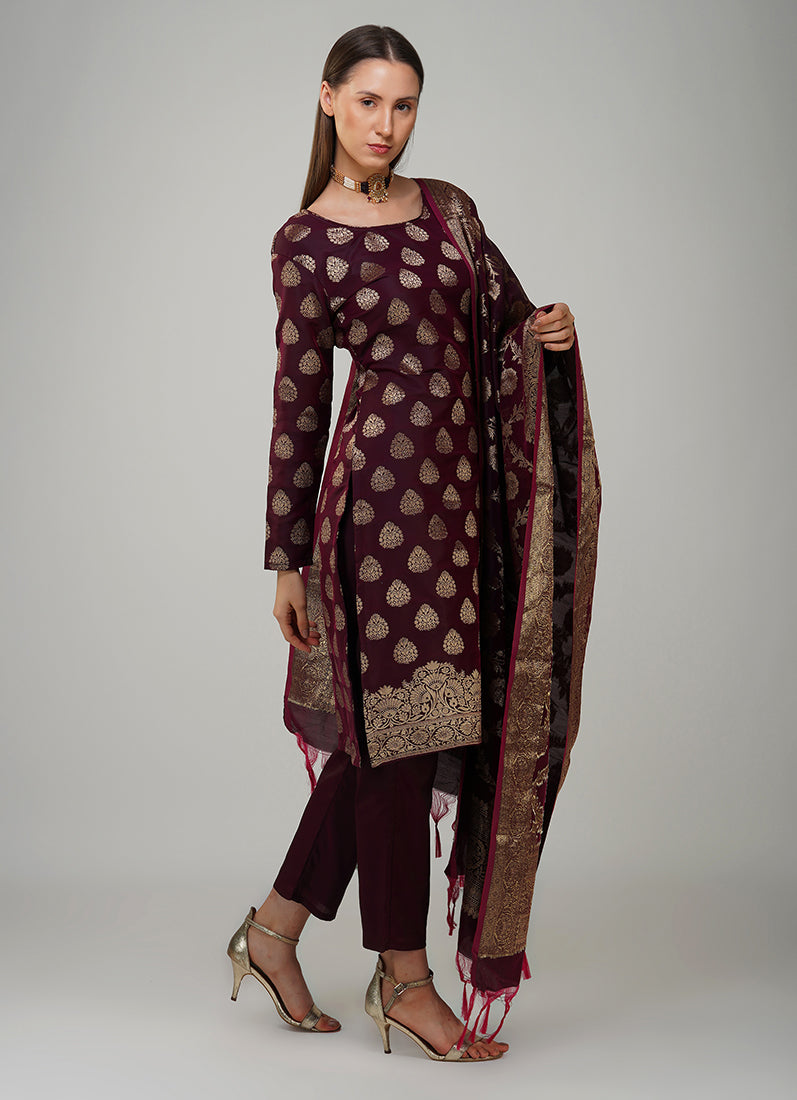 Wine Silk Jacqaurd Suit Set