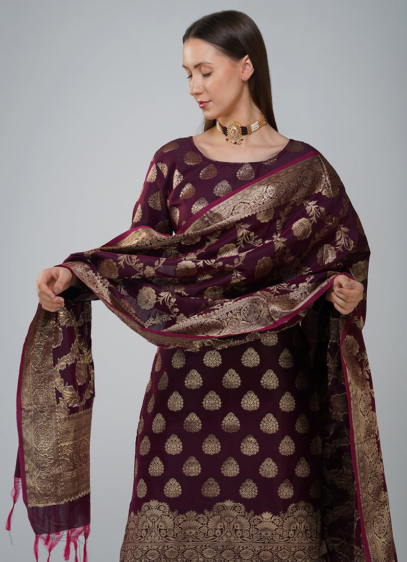 Wine Silk Jacqaurd Suit Set