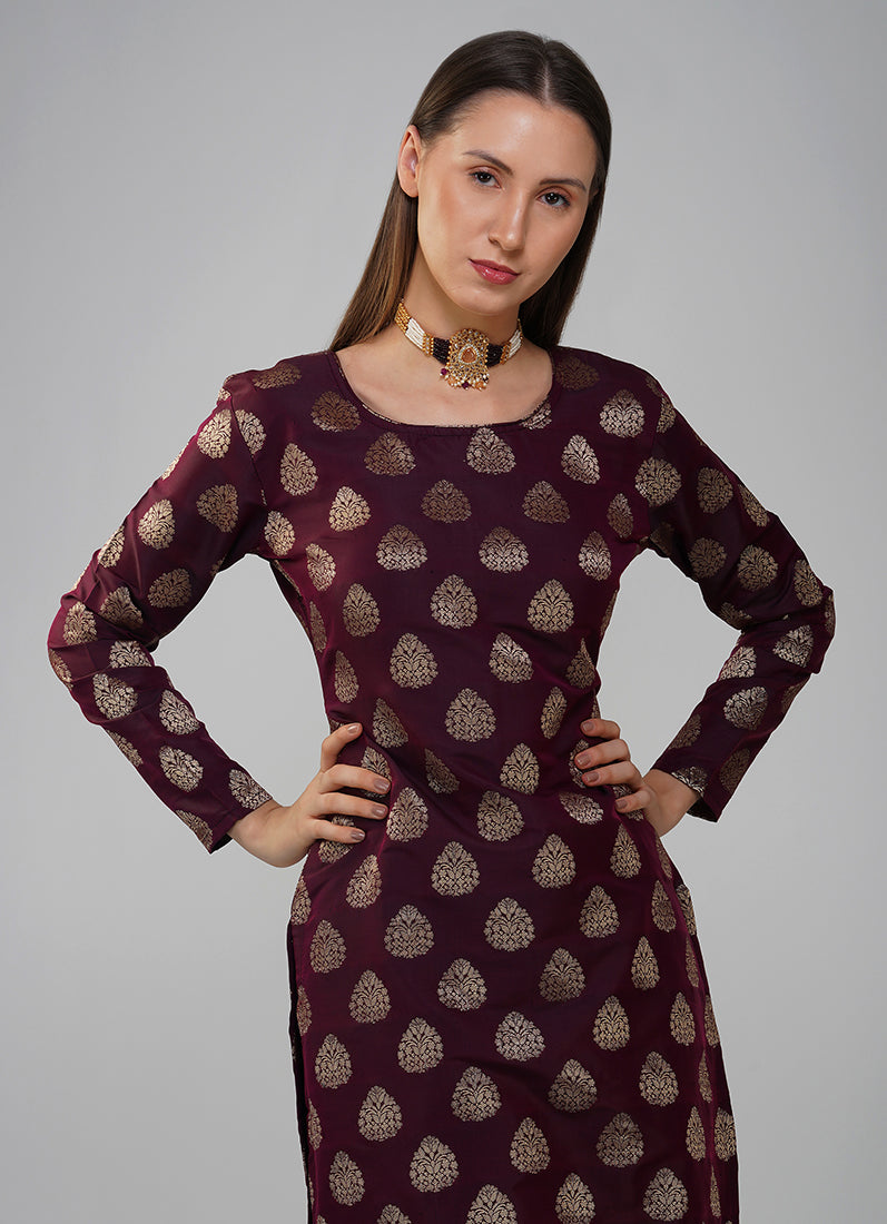 Wine Silk Jacqaurd Suit Set