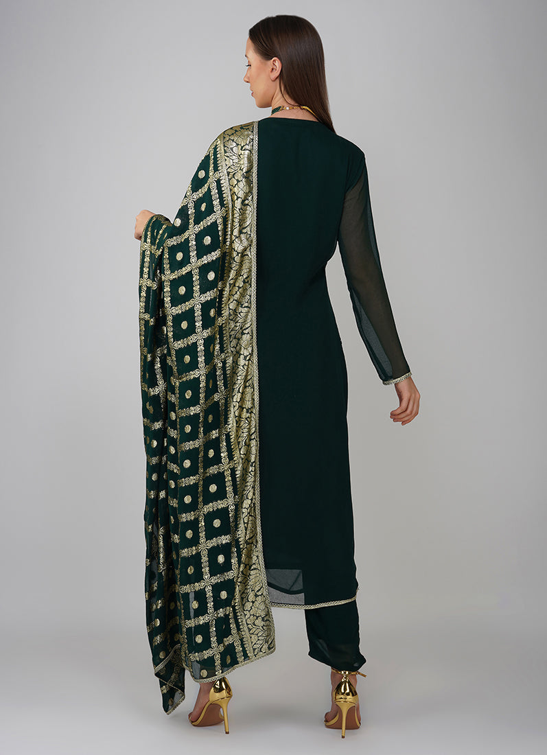 Dark Green Georgette Jacqaurd Suit Set