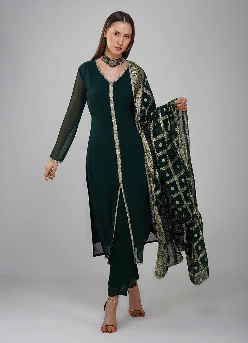 Dark Green Georgette Jacqaurd Suit Set