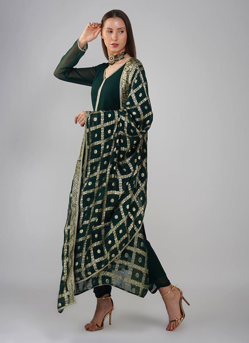 Dark Green Georgette Jacqaurd Suit Set