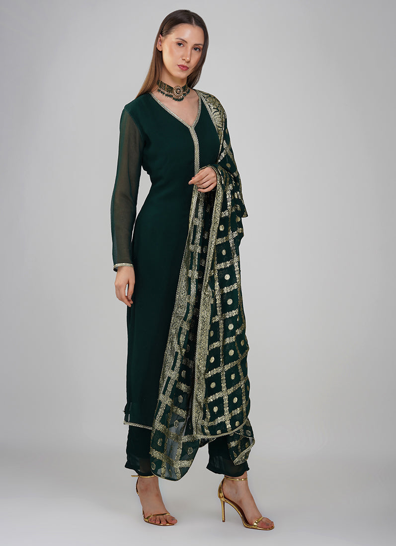 Dark Green Georgette Jacqaurd Suit Set