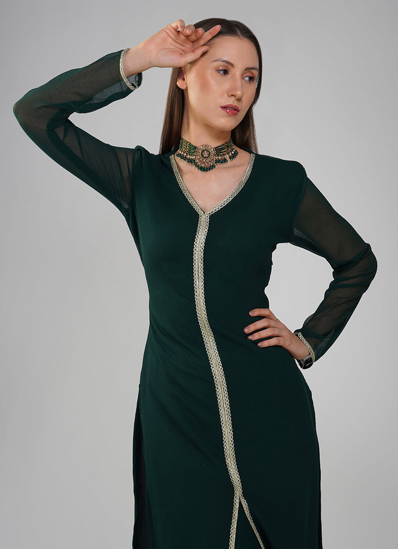 Dark Green Georgette Jacqaurd Suit Set