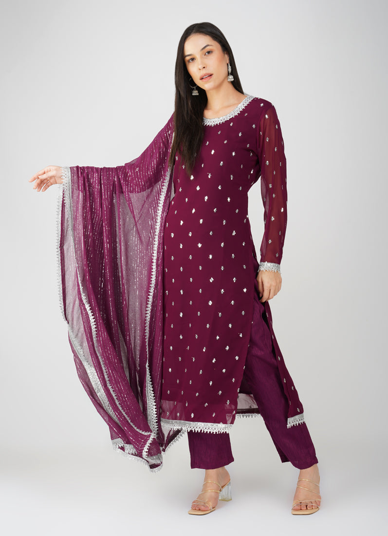 Wine Georgette Jacquard Straight Cut Suit Set