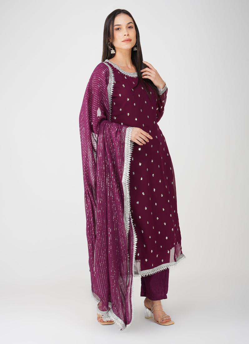 Wine Georgette Jacquard Straight Cut Suit Set