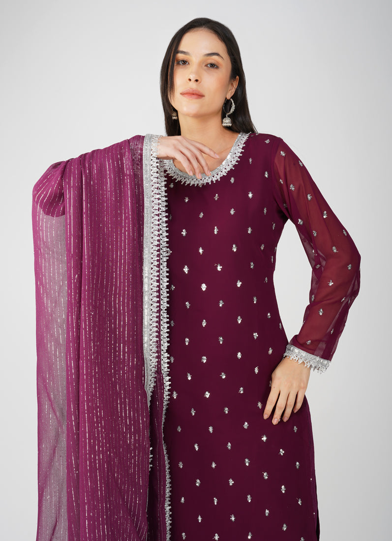 Wine Georgette Jacquard Straight Cut Suit Set