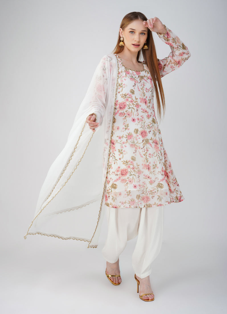 White Georgette printed Suit Set