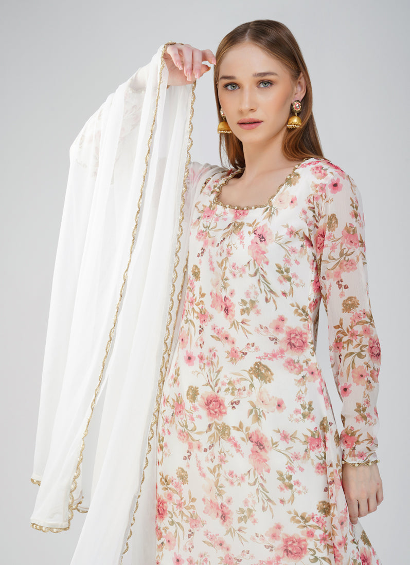 White Georgette printed Suit Set
