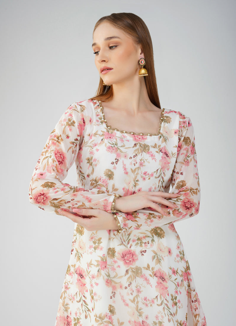White Georgette printed Suit Set