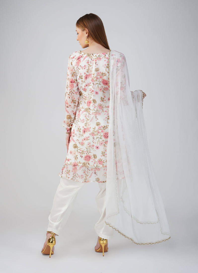 White Georgette printed Suit Set