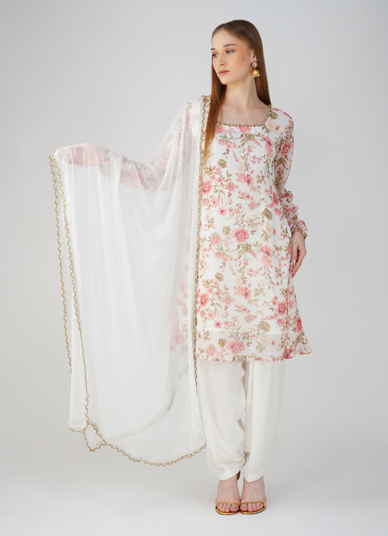 White Georgette printed Suit Set
