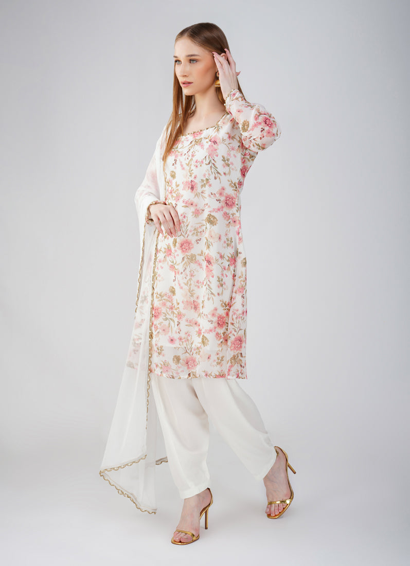 White Georgette printed Suit Set