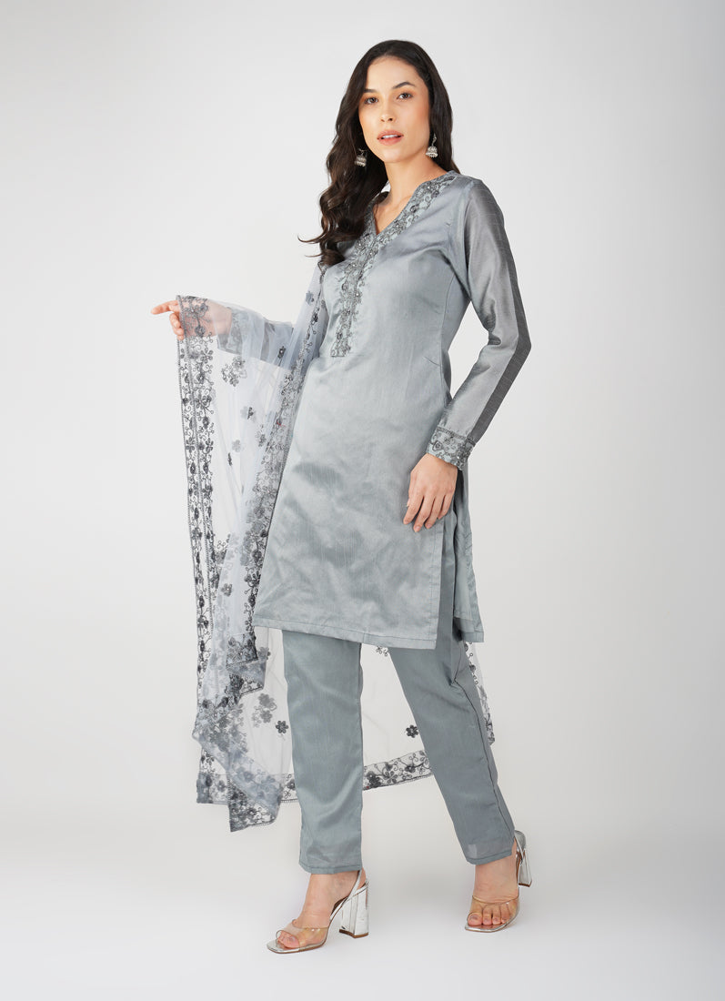 Grey Dupion Zari Embroidered Suit Set