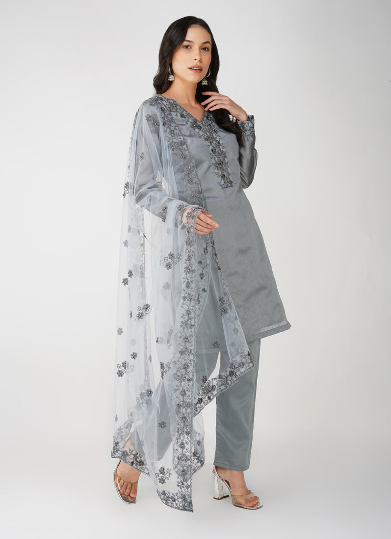 Grey Dupion Zari Embroidered Suit Set