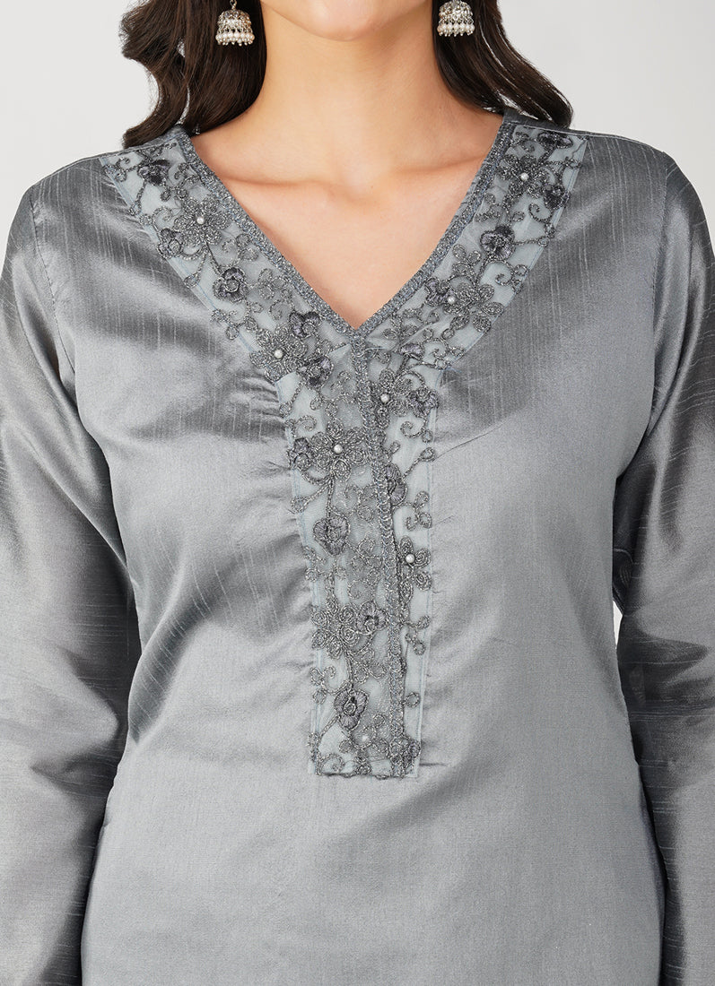 Grey Dupion Zari Embroidered Suit Set