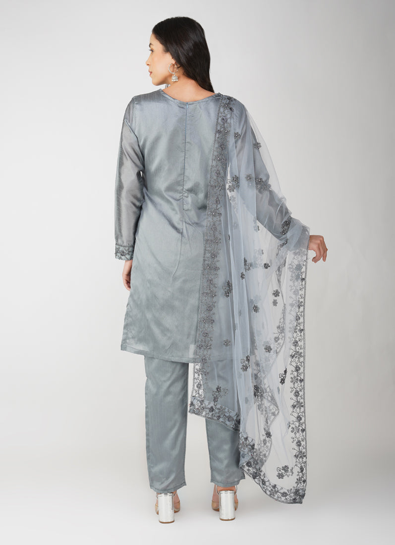 Grey Dupion Zari Embroidered Suit Set
