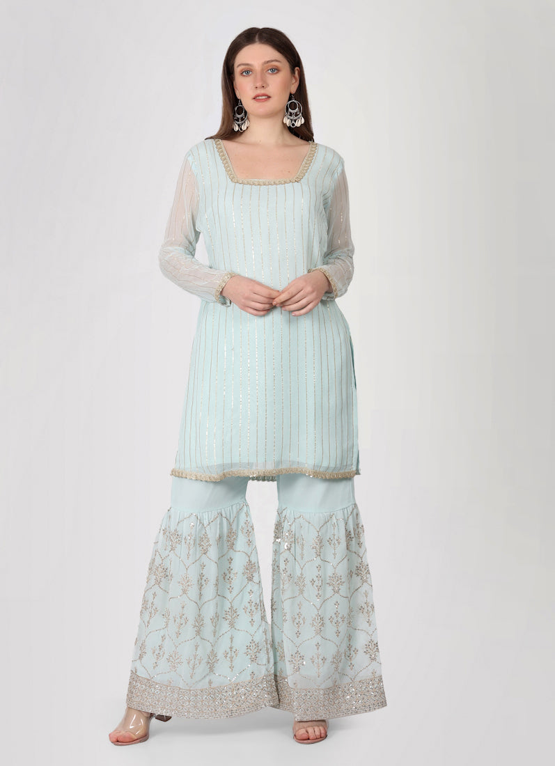 Light Blue Zari Embroidered Gharara Suit Set