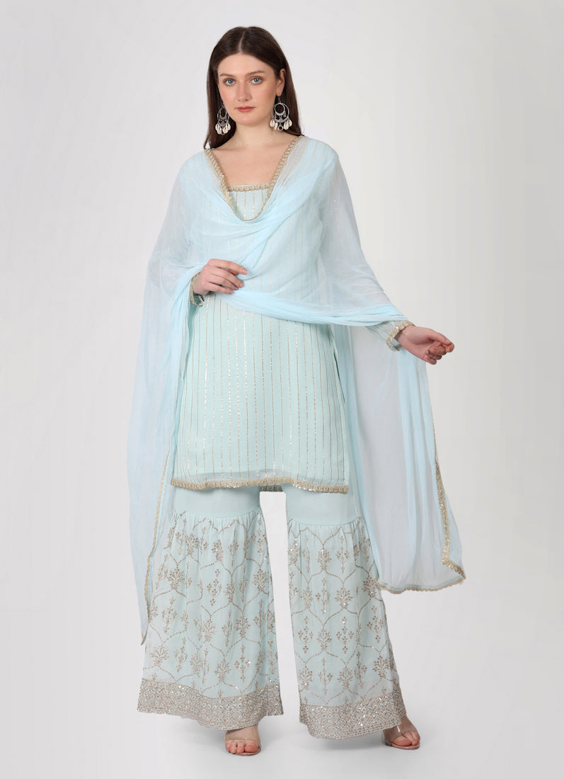 Light Blue Zari Embroidered Gharara Suit Set