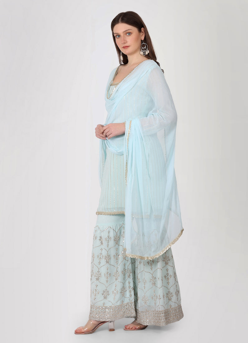 Light Blue Zari Embroidered Gharara Suit Set
