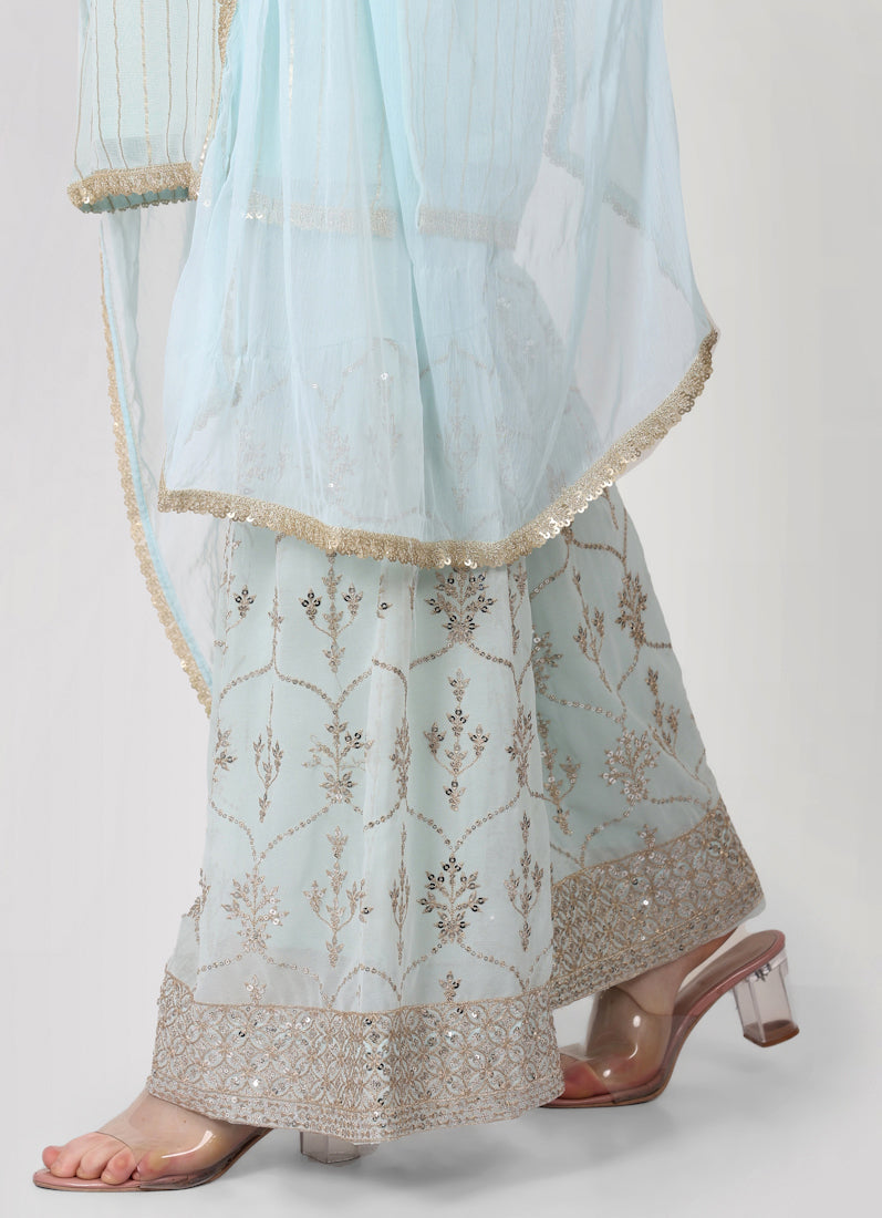 Light Blue Zari Embroidered Gharara Suit Set