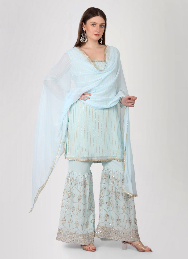 Light Blue Zari Embroidered Gharara Suit Set