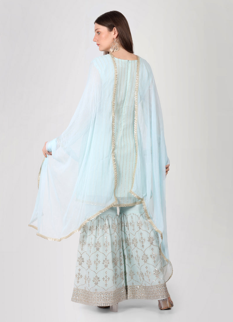 Light Blue Zari Embroidered Gharara Suit Set