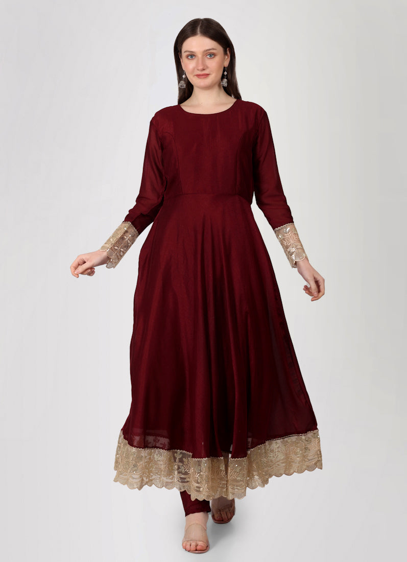 Maroon Georgette Vichitra Bias Cut Suit Set