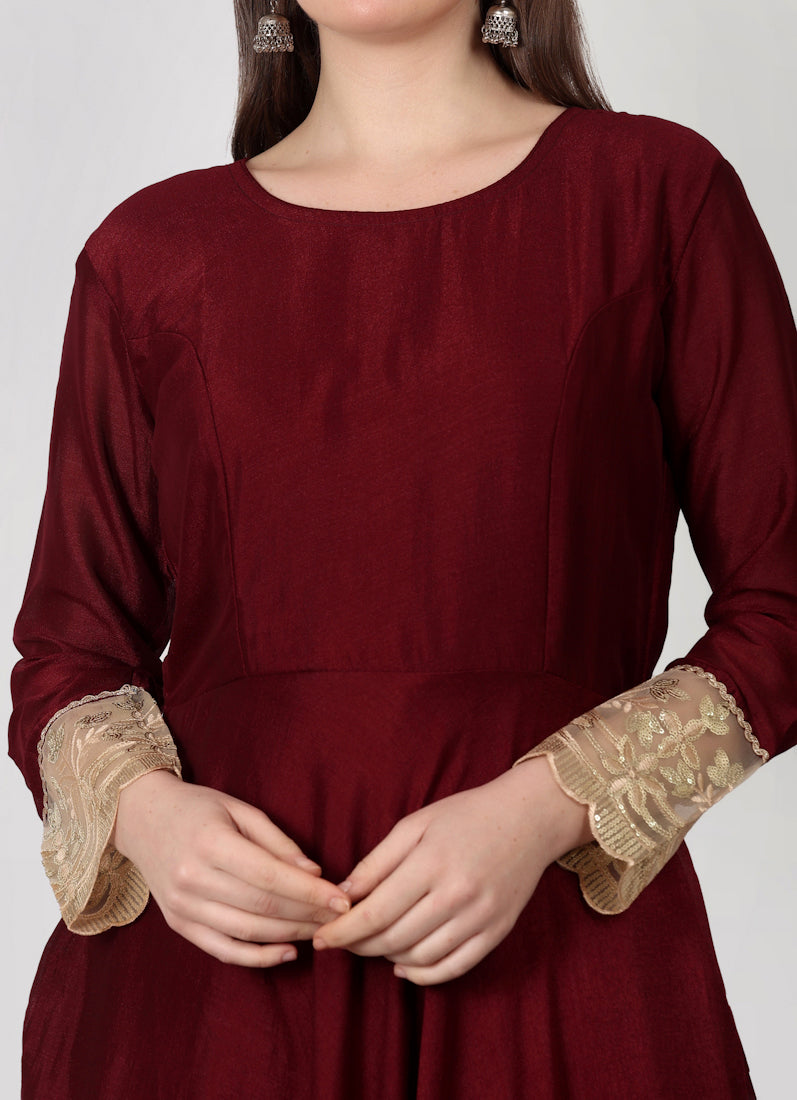 Maroon Georgette Vichitra Bias Cut Suit Set