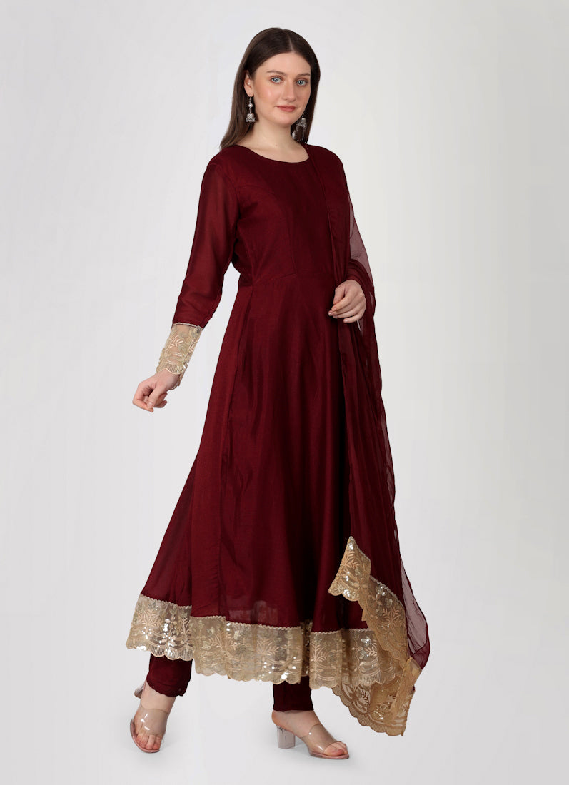 Maroon Georgette Vichitra Bias Cut Suit Set