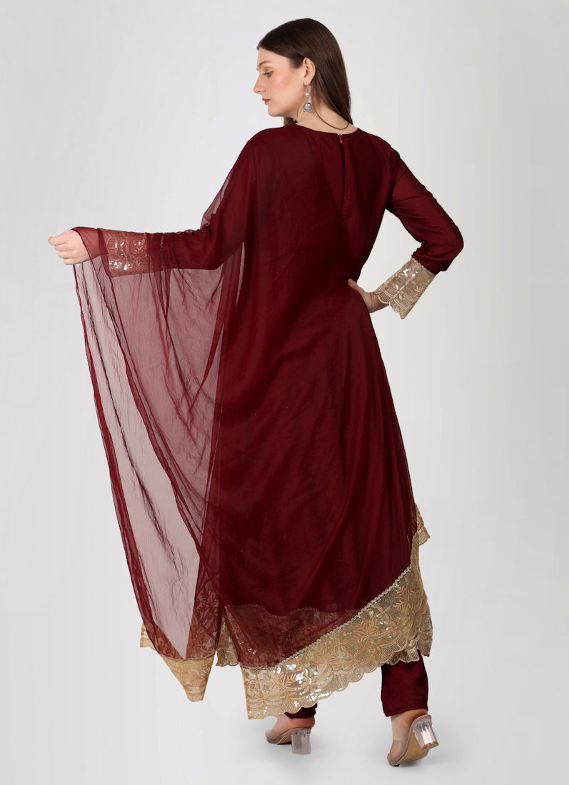 Maroon Georgette Vichitra Bias Cut Suit Set
