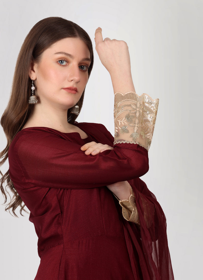 Maroon Georgette Vichitra Bias Cut Suit Set