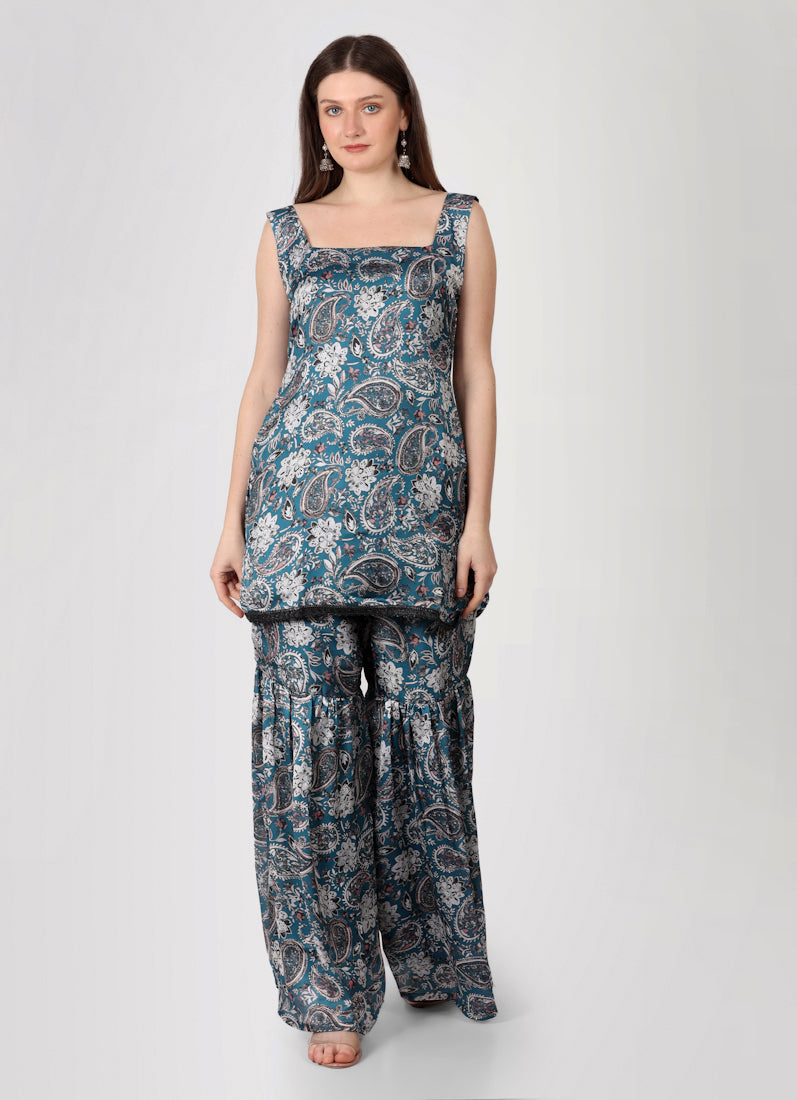 Teal Printed Gharara Suit Set