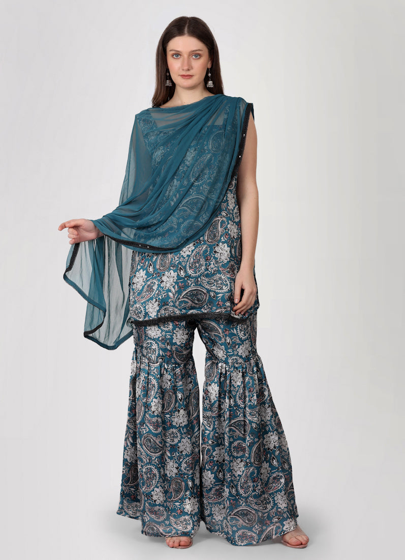 Teal Printed Gharara Suit Set