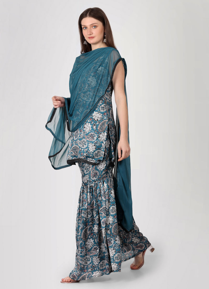 Teal Printed Gharara Suit Set