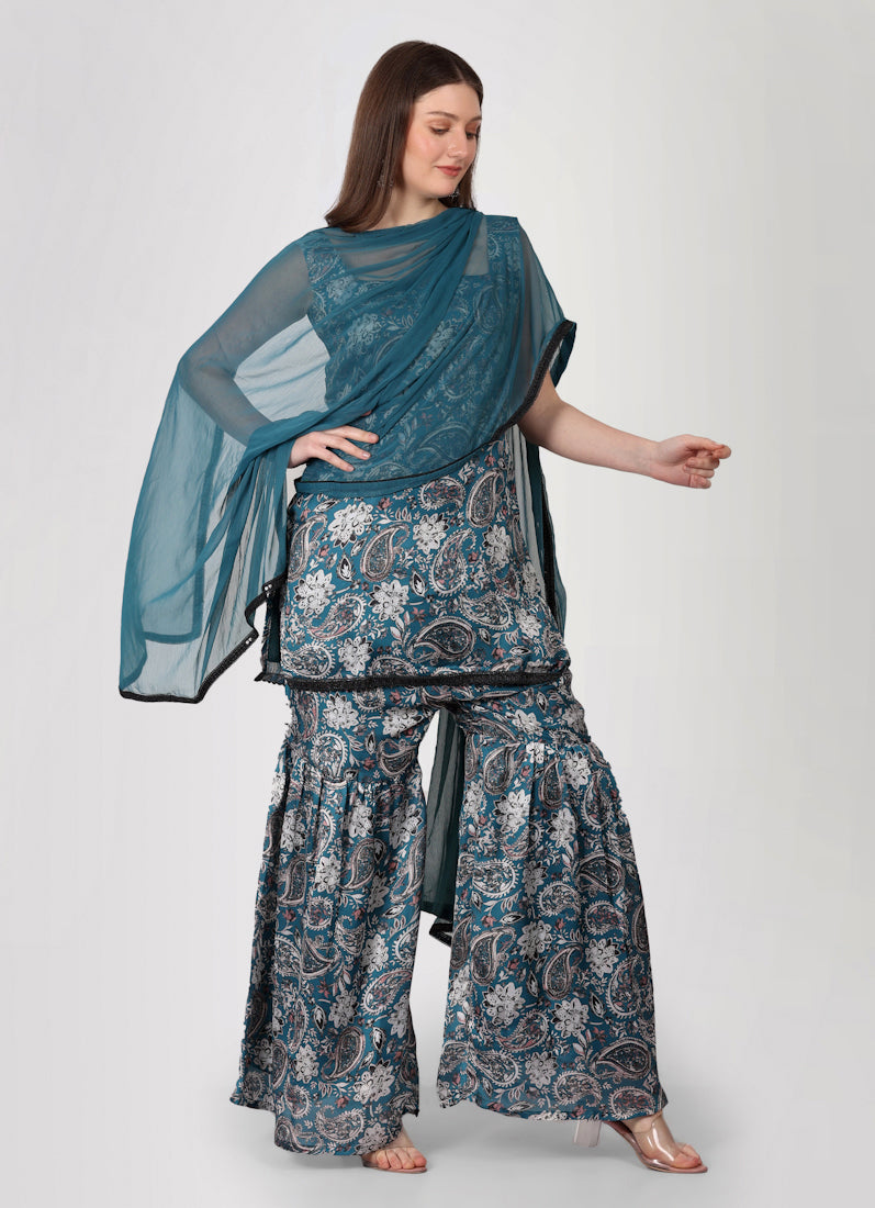 Teal Printed Gharara Suit Set