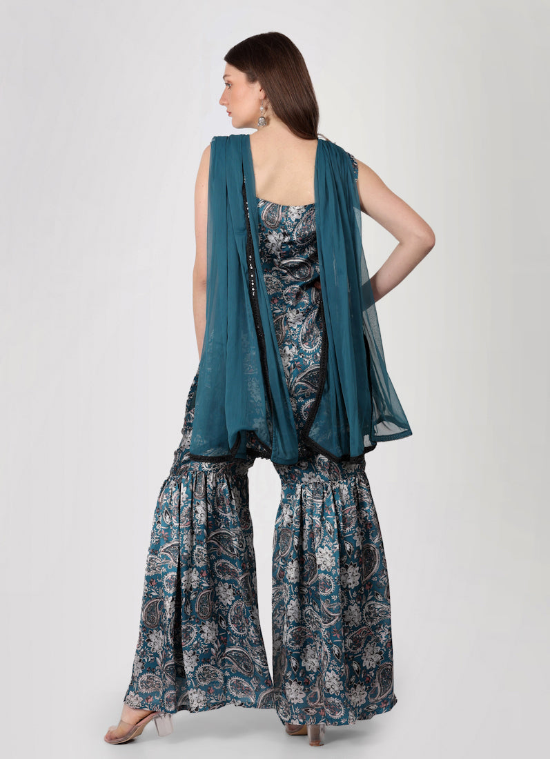 Teal Printed Gharara Suit Set