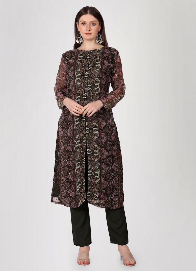 Brown Georgette Printed Straight Cut Suit Set