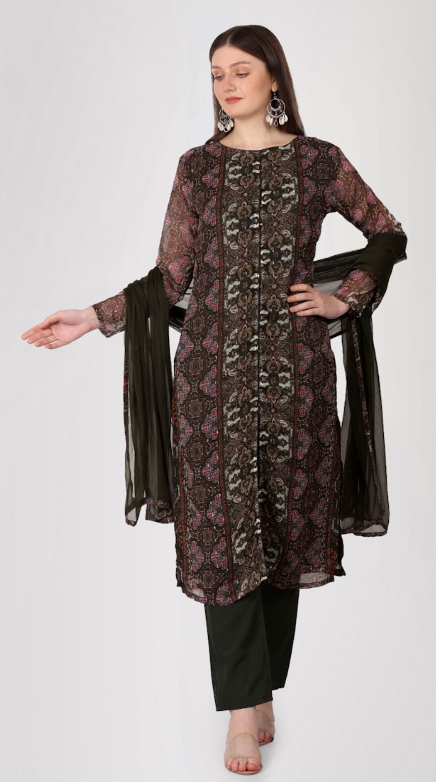 Brown Georgette Printed Straight Cut Suit Set