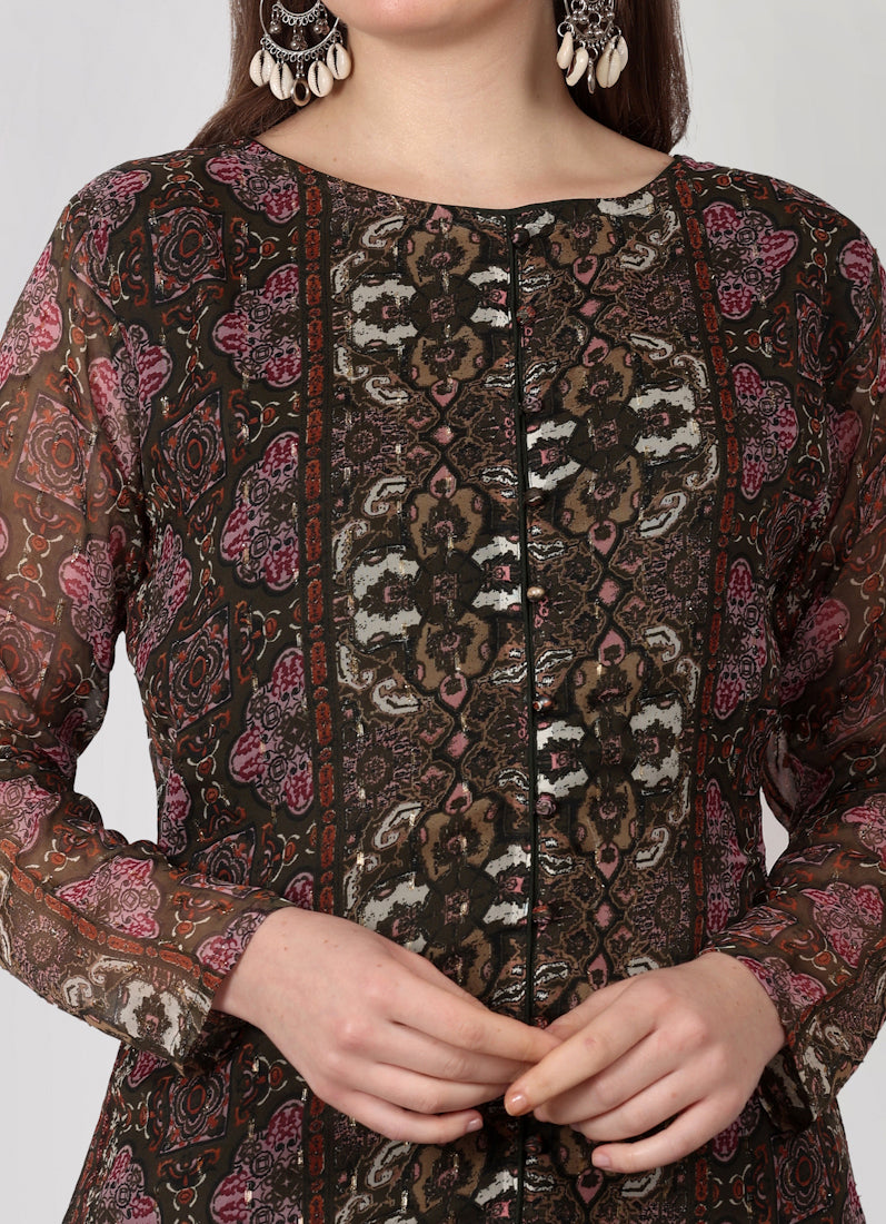 Brown Georgette Printed Straight Cut Suit Set