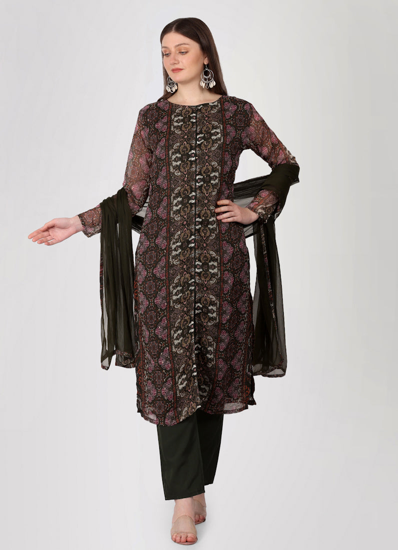 Brown Georgette Printed Straight Cut Suit Set