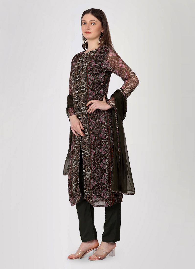 Brown Georgette Printed Straight Cut Suit Set