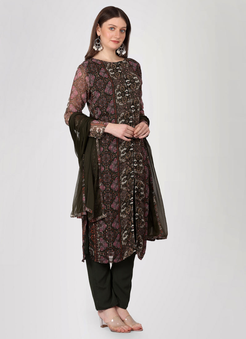 Brown Georgette Printed Straight Cut Suit Set