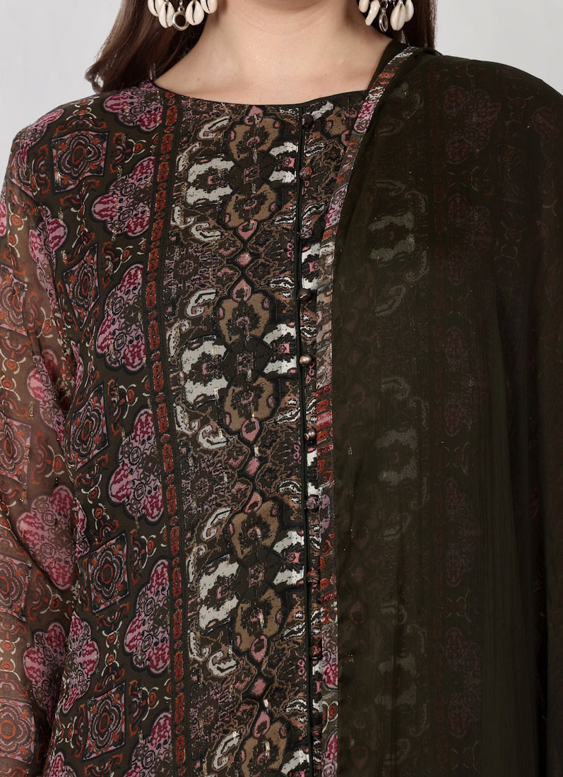 Brown Georgette Printed Straight Cut Suit Set