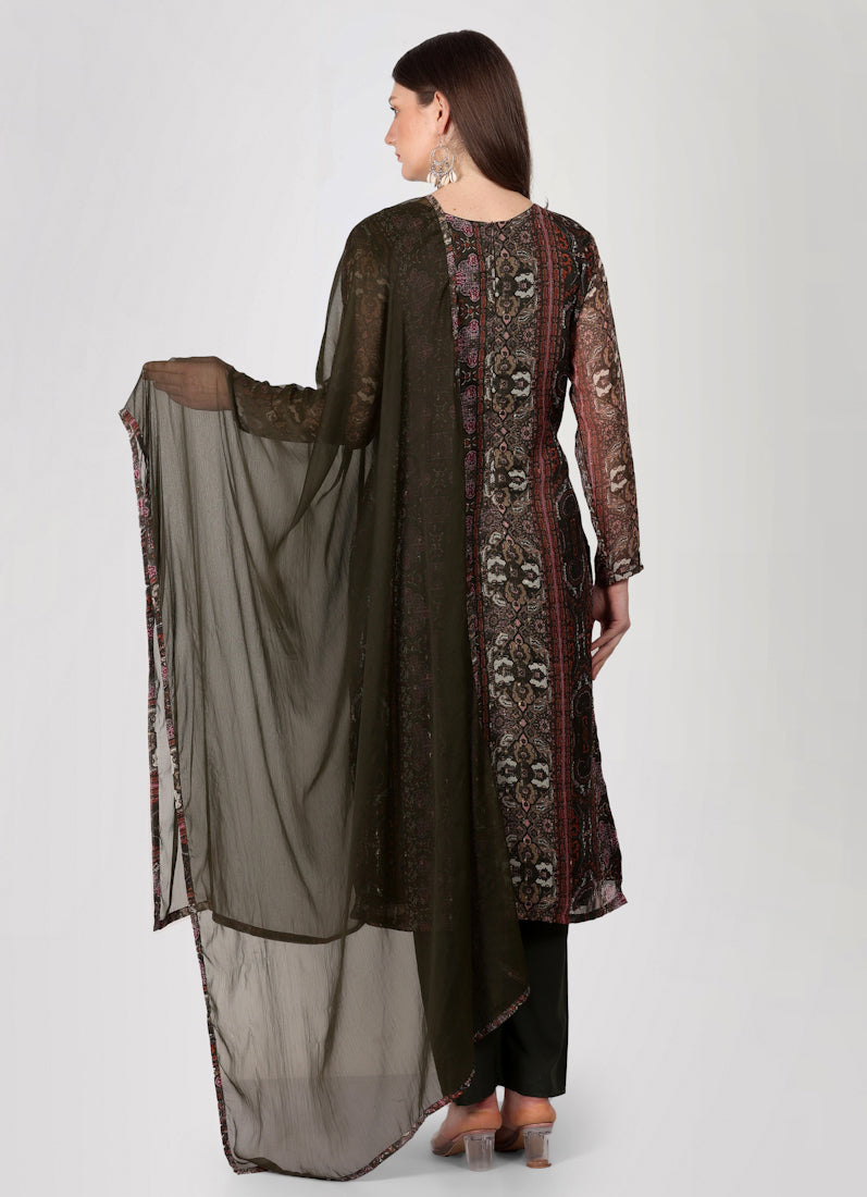 Brown Georgette Printed Straight Cut Suit Set