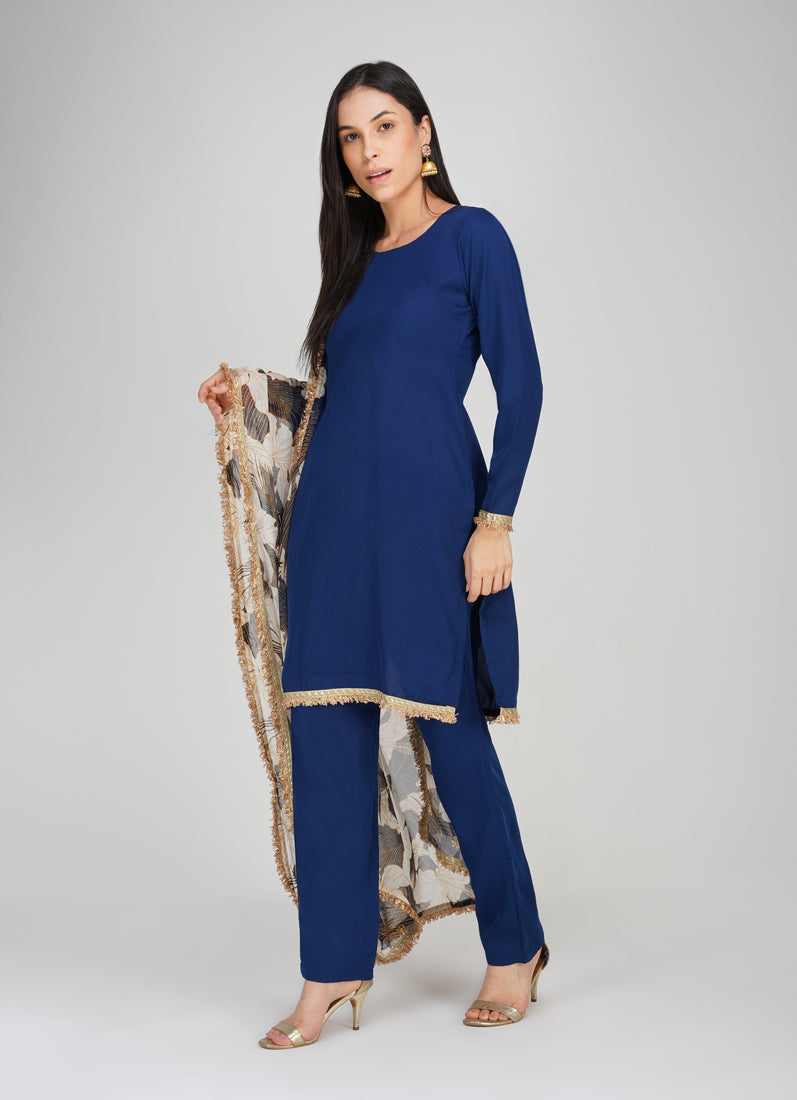 Navy Blue Crepe Suit Set