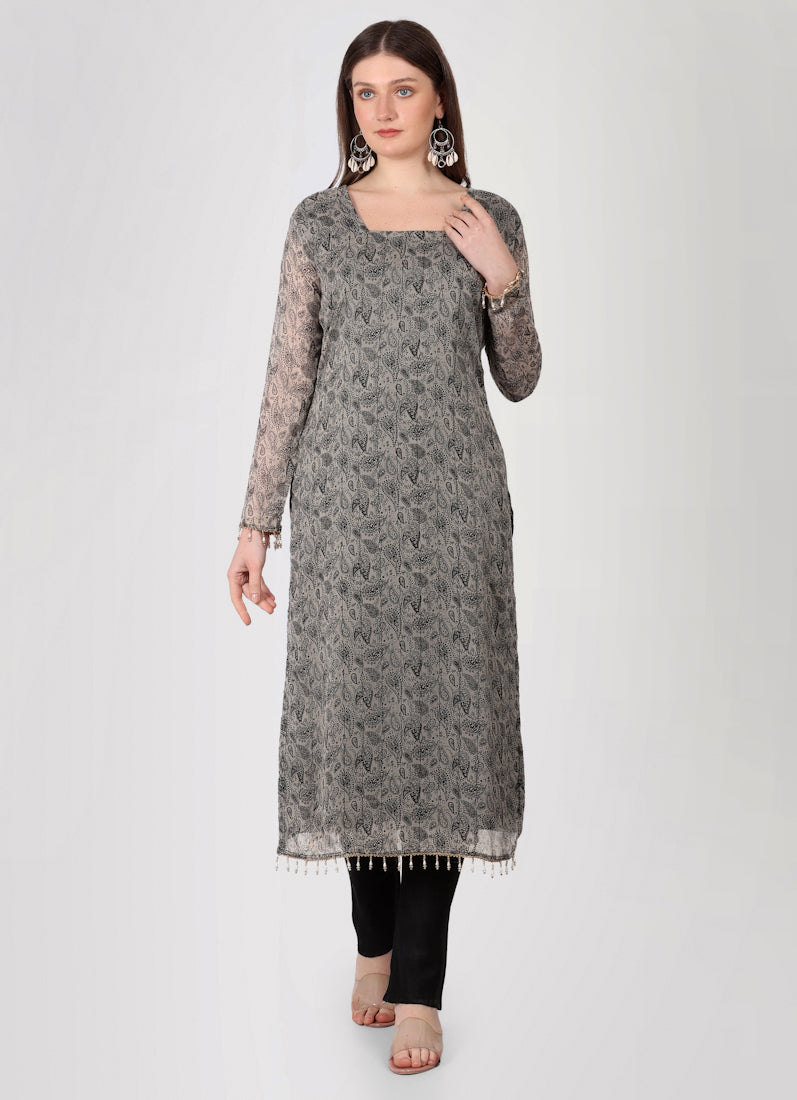 Grey Georgette Printed Straight Cut Suit Set