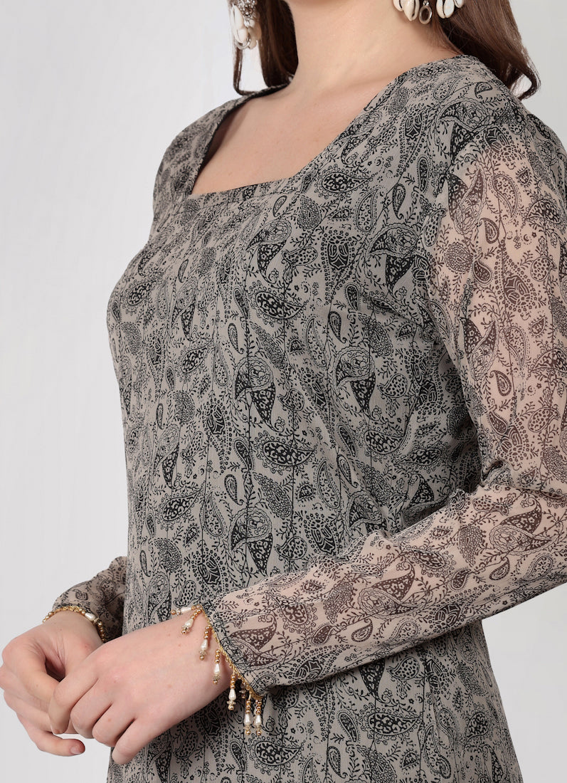 Grey Georgette Printed Straight Cut Suit Set