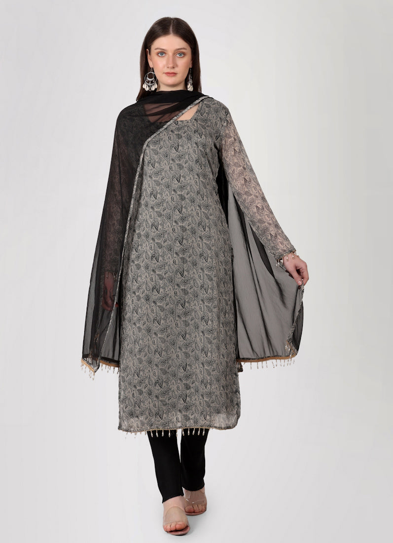 Grey Georgette Printed Straight Cut Suit Set