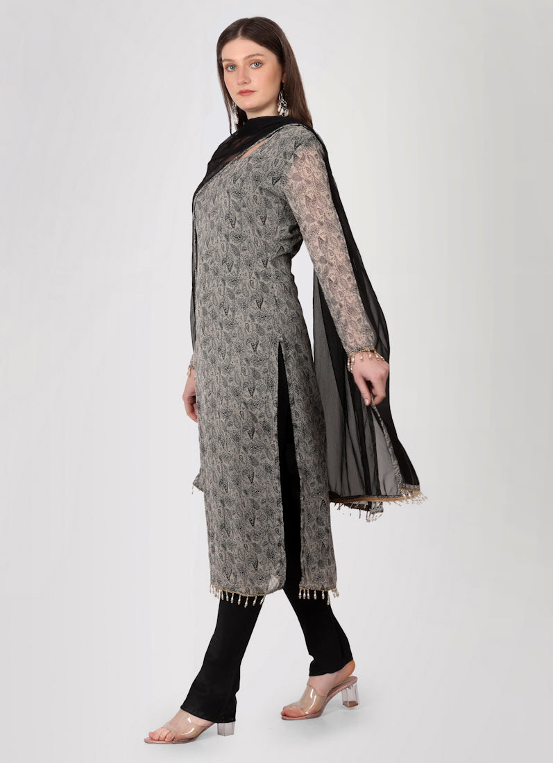 Grey Georgette Printed Straight Cut Suit Set